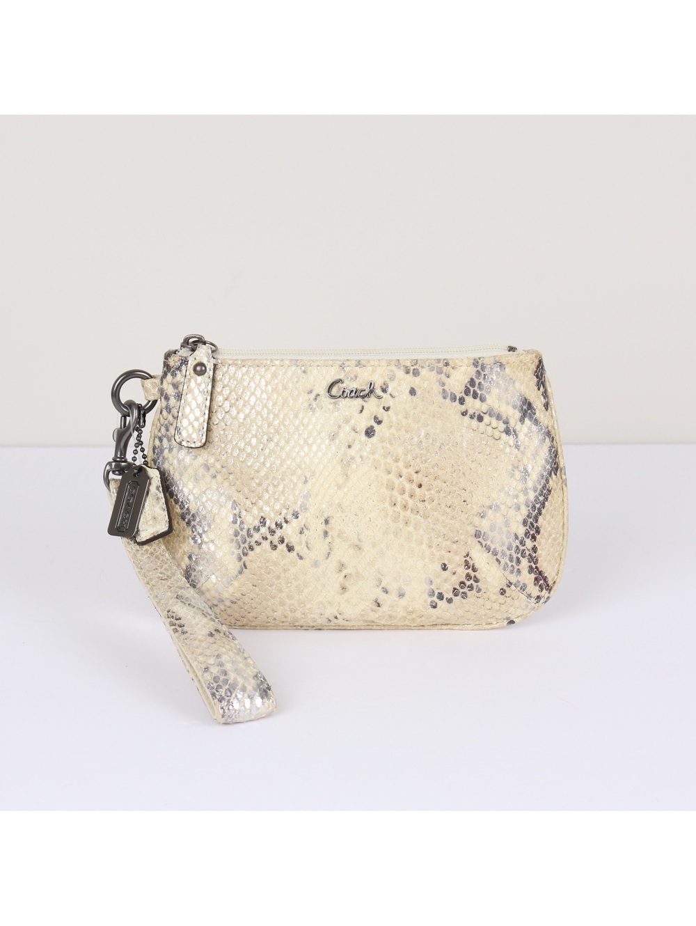 Coach Kristin Ivory Embossed Python Snakeskin Leather Medium Wristlet Clutch